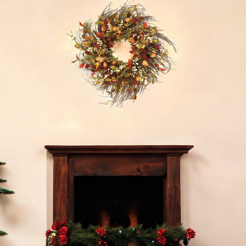 20" Green Brown And White Fall Mixed Assortment Artificial Wreath