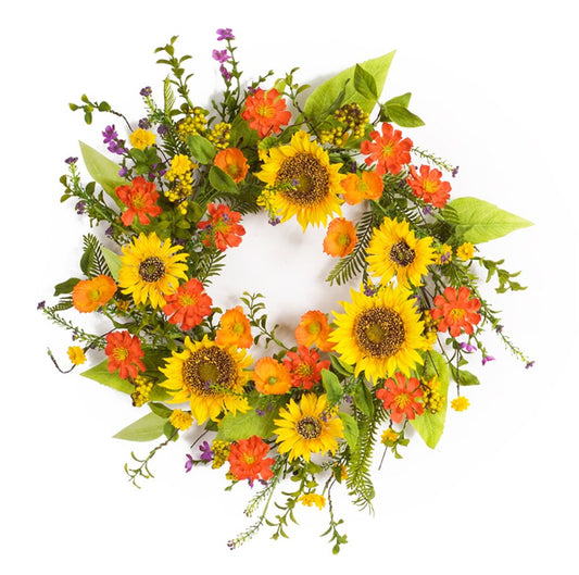 22" Green And Yellow Summer Sunflower Artificial Wreath