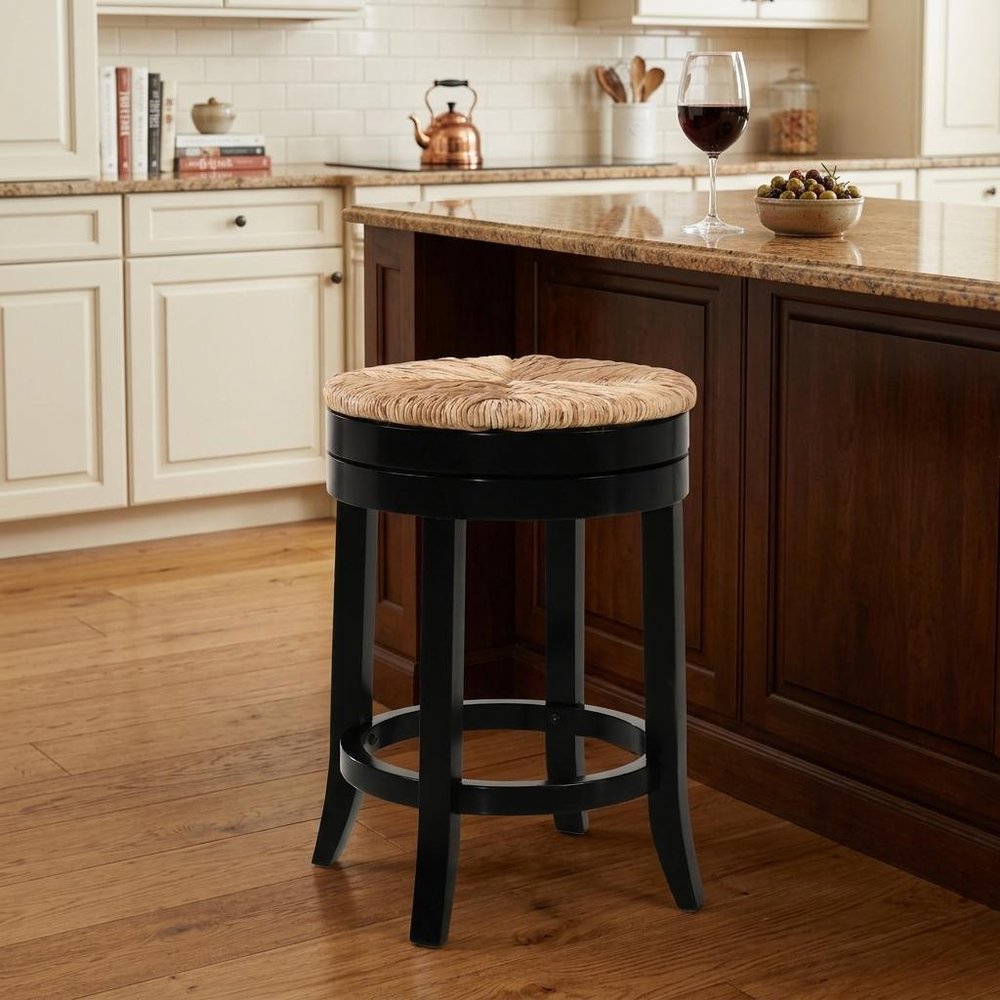 24" Natural and Black Rush and Solid Wood Backless Counter Height Swivel Bar Chair