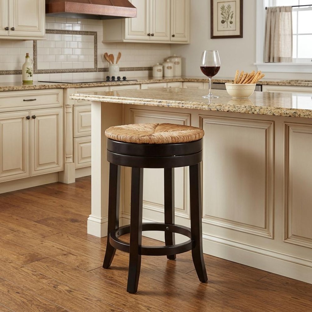 24" Natural and Espresso Rush and Solid Wood Backless Counter Height Swivel Bar Chair