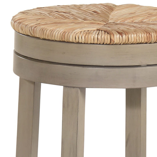 24" Natural and Gray Rush and Solid Wood Backless Counter Height Swivel Bar Chair