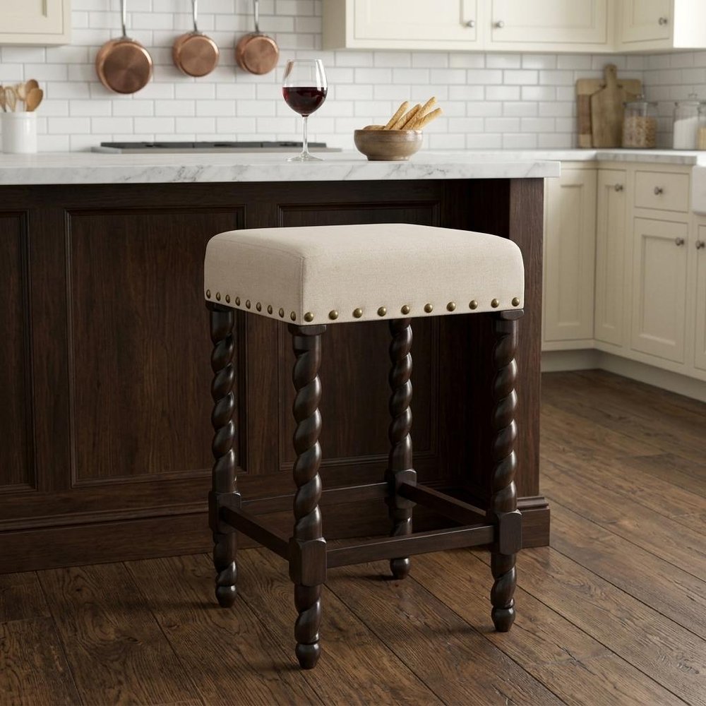 24" Cream And Espresso Solid Wood Backless Counter Height Bar Chair