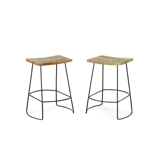 Set of Two 25" Natural and Black Solid Wood and Steel Backless Counter Height Bar Chairs