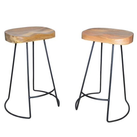 Set of Two 25" Natural And Black Solid Wood And Steel Backless Counter Height Bar Chairs