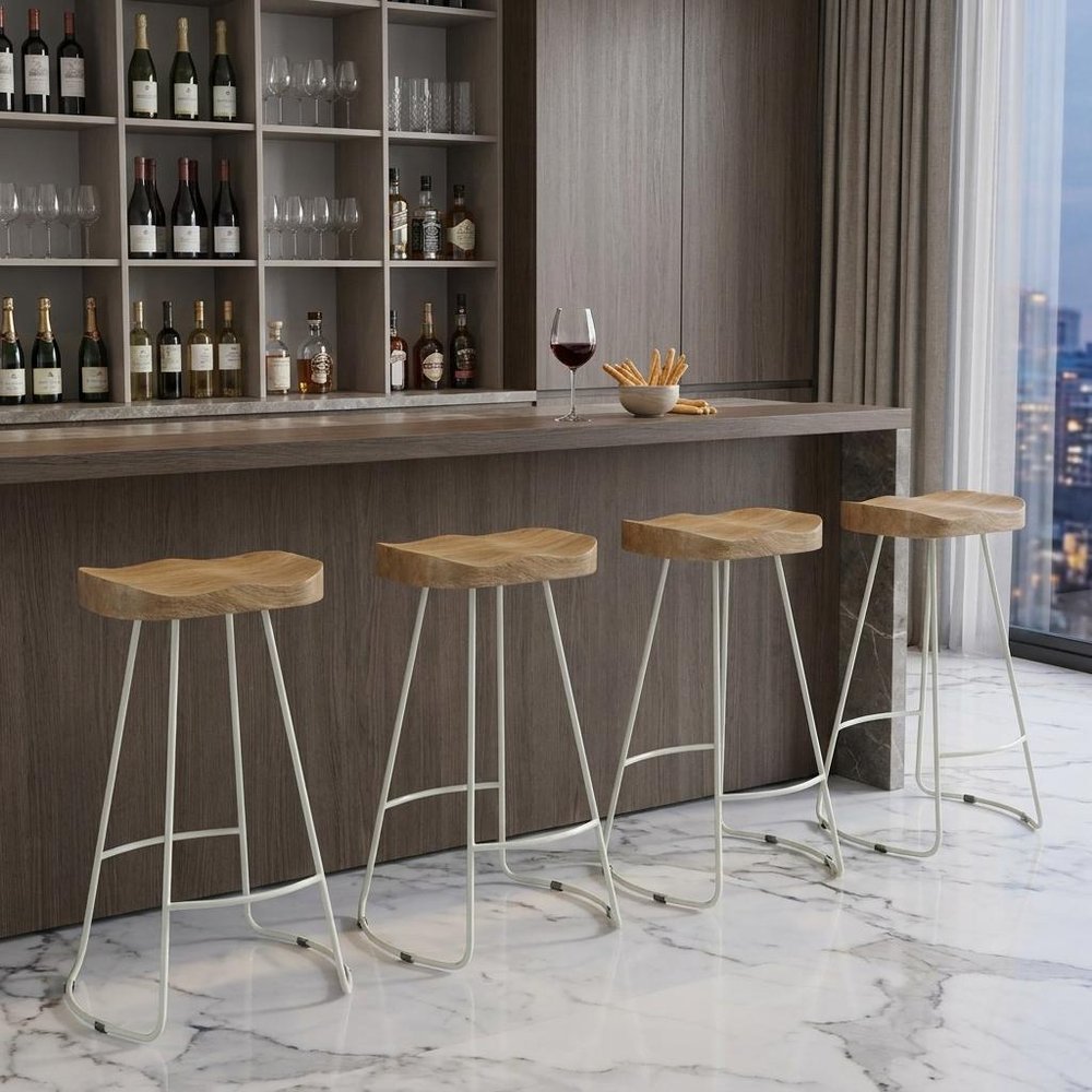 Set of Two 25" Natural and White Solid Wood and Steel Backless Counter Height Bar Chairs