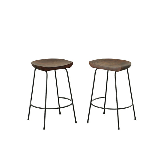 Set of Two 25" Chestnut and Black Solid Wood and Steel Backless Counter Height Bar Chairs
