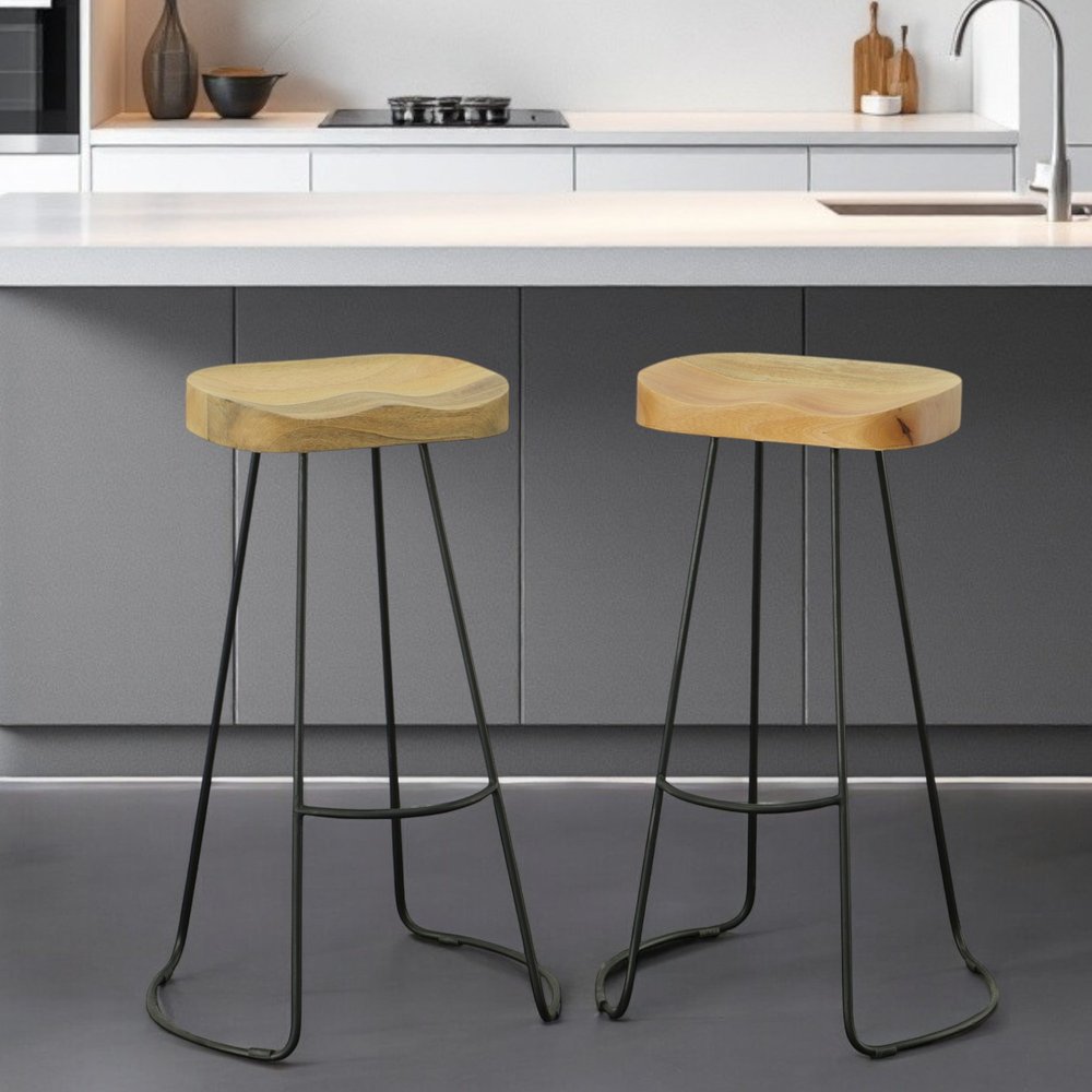 Set of Two 31" Natural and Black Solid Wood and Steel Backless Bar Height Bar Chairs