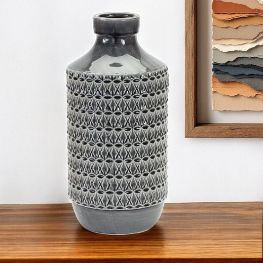 15" Gray Geometric Cylinder Terracotta Table Vase
