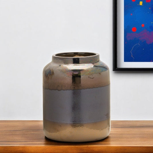 9" Black and Blue Striped Cylinder Clay Table Vase