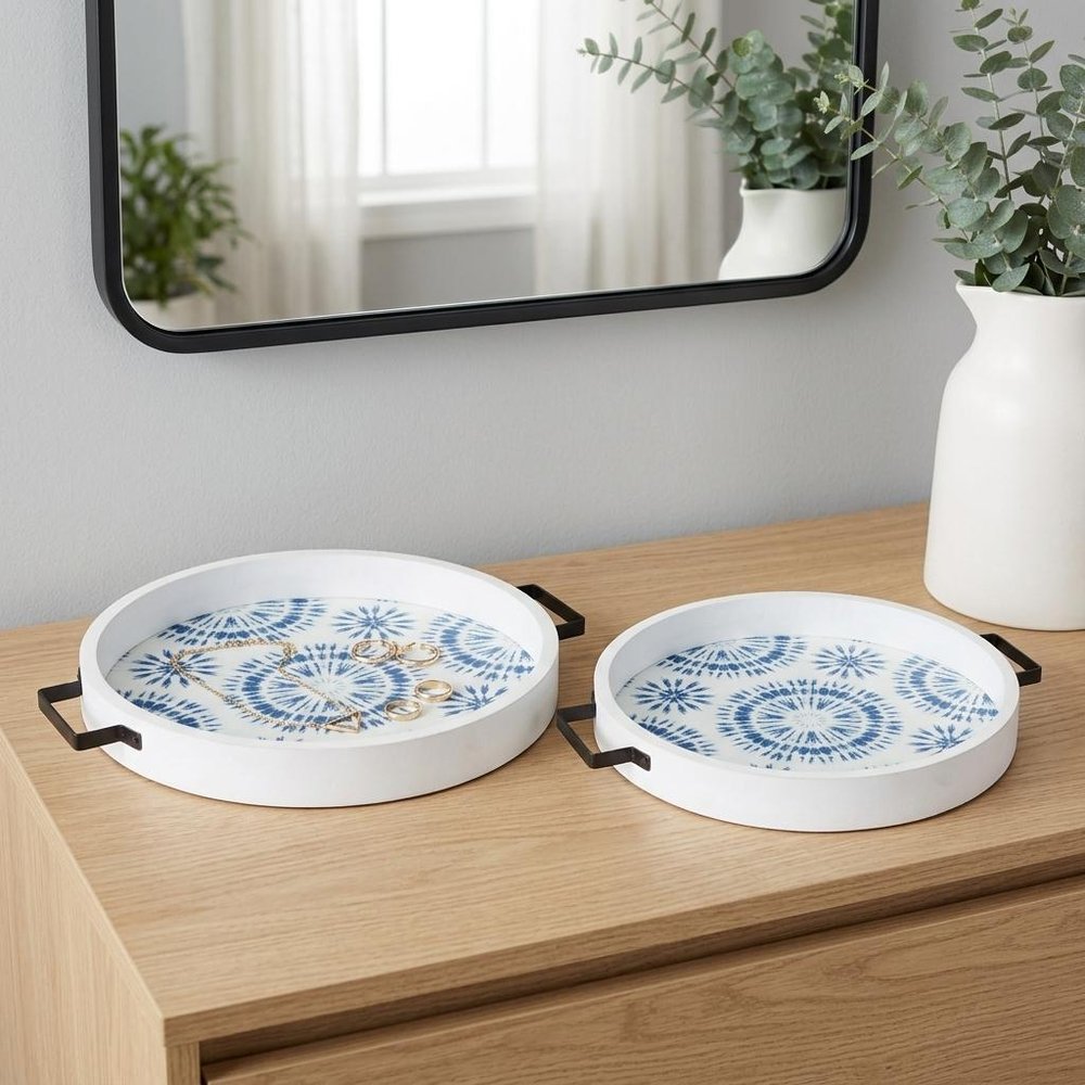 Set of Two Blue Round Solid Wood Vanity Tray With Handles