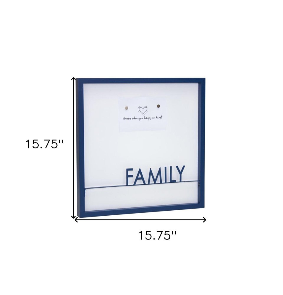 16" X 16" Blue And White Family Wood and Metal Square Magnetic Memo Board
