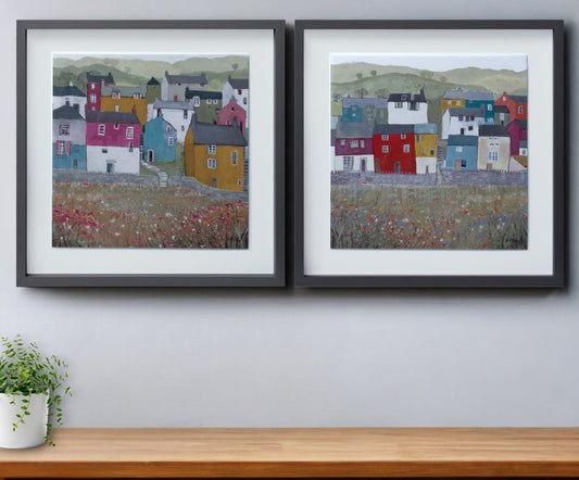 Set of Two Gray Green And Yellow Wood Square Framed Art