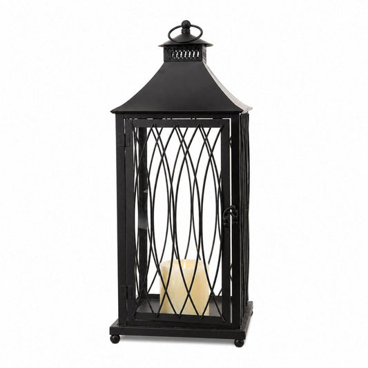 Set of Three Black Geometric Glass And Metal Floor Lantern Candle Holders