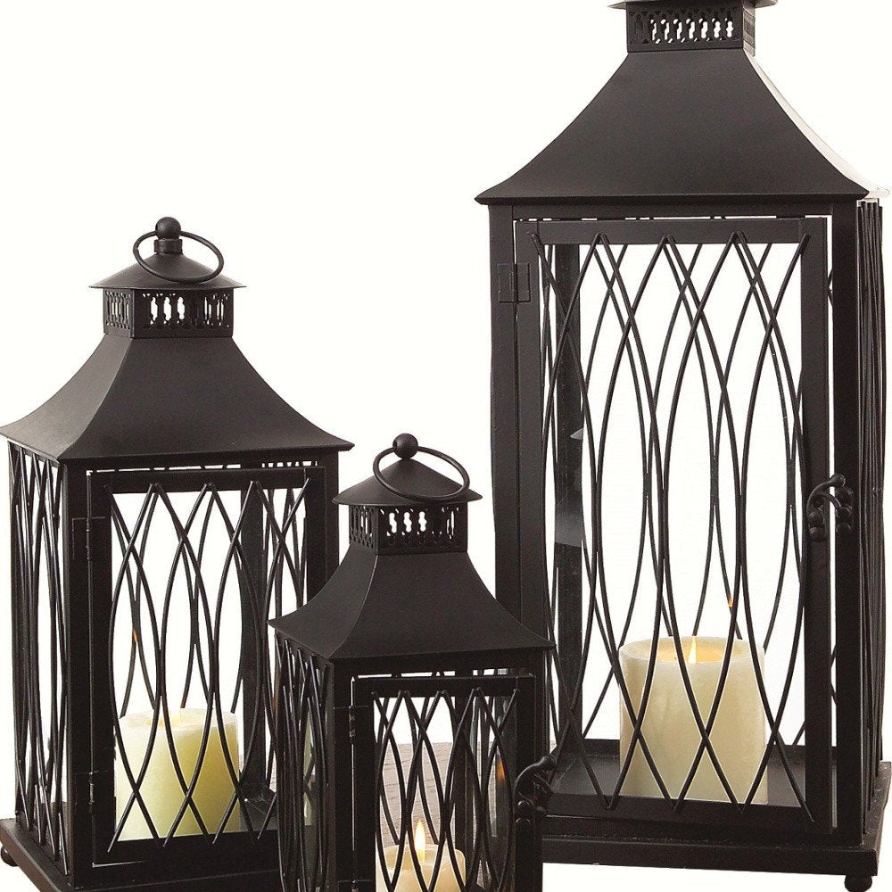 Set of Three Black Geometric Glass And Metal Floor Lantern Candle Holders
