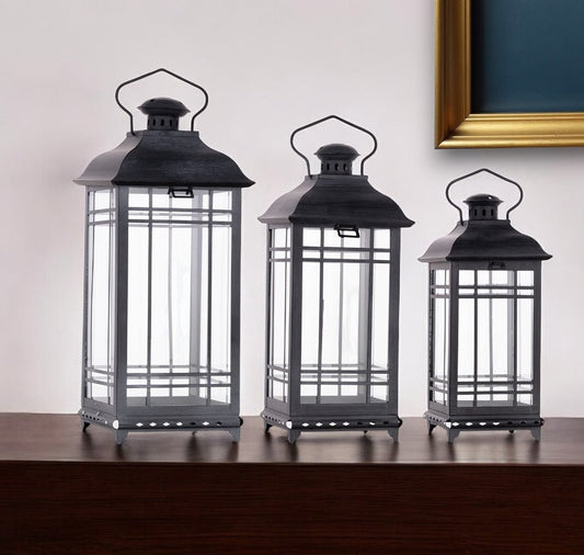 Set of Three Gray Distressed Geometric Glass And Metal Floor Lantern Candle Holders