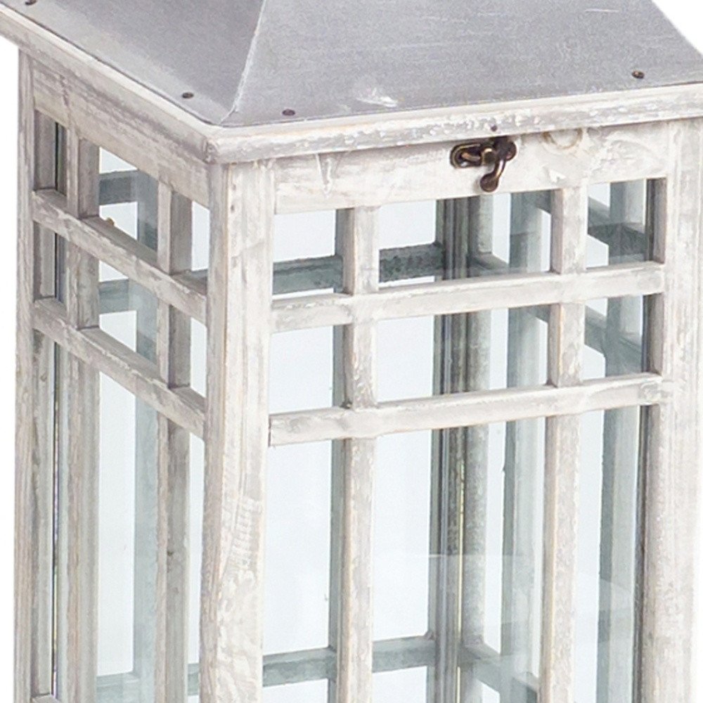 Set of Two White And Silver Distressed Geometric Metal Floor Lantern Candle Holders