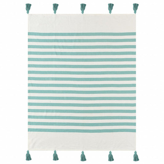 50" X 60" Blue and White Woven Cotton Striped Throw Blanket with Tassels
