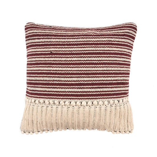 20" Maroon And Tan Cotton Striped Throw Pillow with Fringe