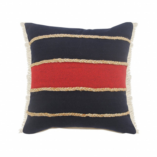 14" X 36" Red Navy And Tan 100% Cotton Striped Zippered Pillow