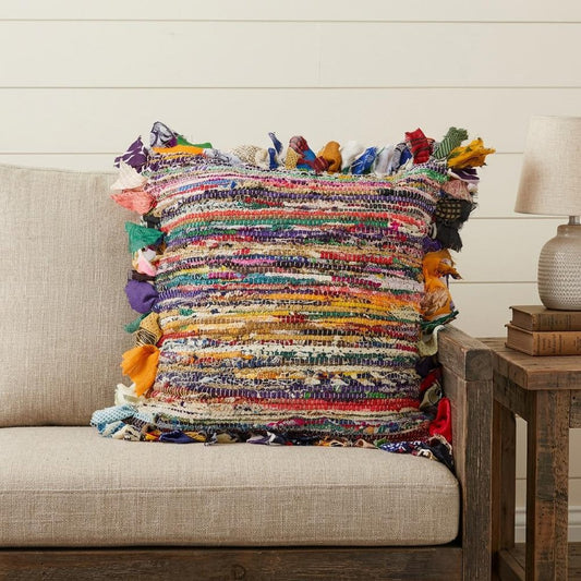 26" Blue and Red Throw Pillow with Fringe