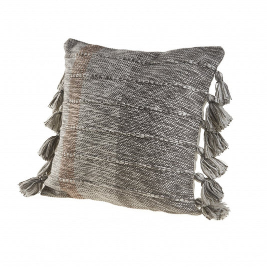 20" Gray And Light Brown Striped Throw Pillow with Tassels