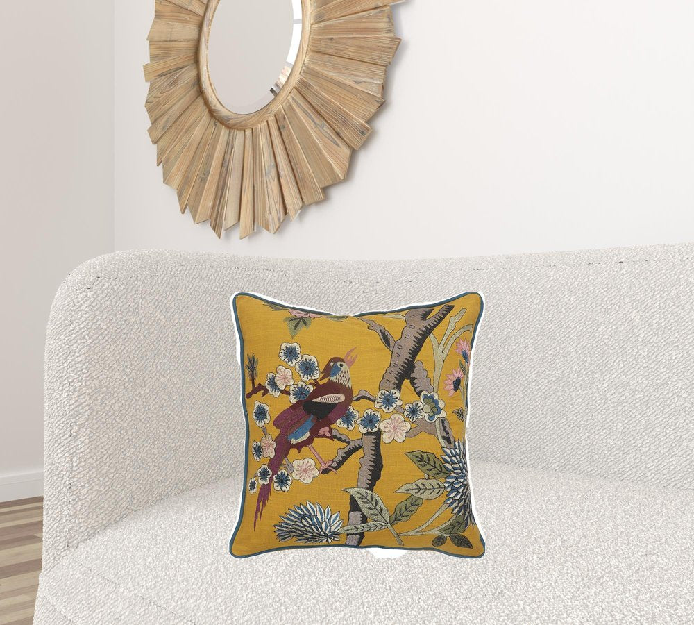 20" Blue and Yellow Bird Floral Throw Pillow with Embroidery