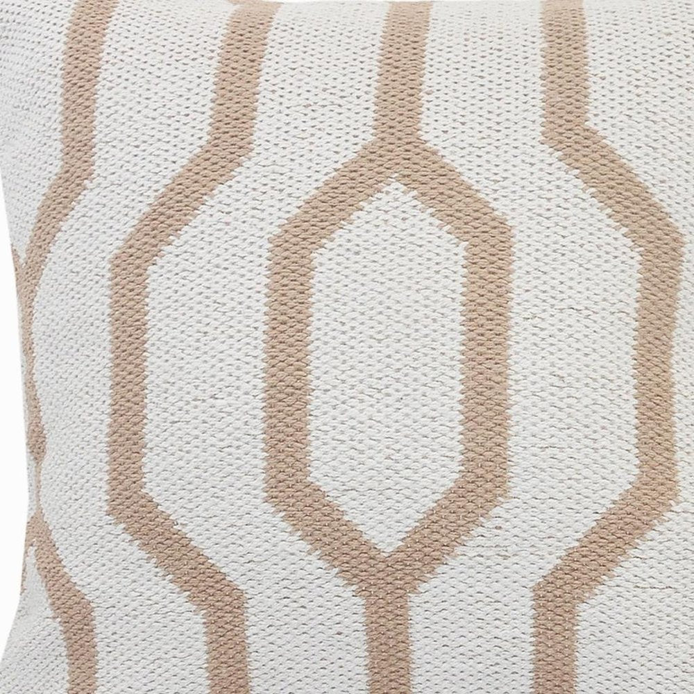20" X 20" White And Tan 100% Cotton Geometric Zippered Pillow
