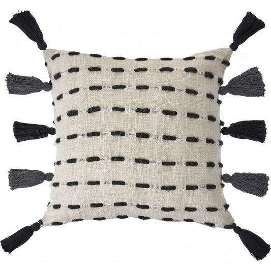 20" Black And Cream Cotton Geometric Throw Pillow with Tassels