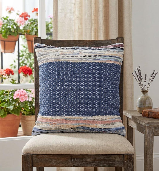 18" X 18" Blue White Red And Yellow 100% Cotton Striped Zippered Pillow