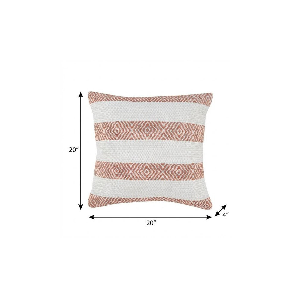 20" X 20" Orange And White 100% Cotton Striped Zippered Pillow