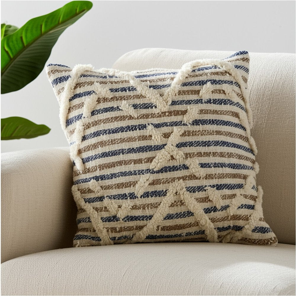 18" Blue And Beige Cotton Striped Throw Pillow