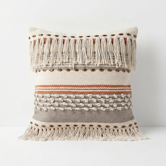 18" Beige and Red Throw Pillow with Fringe