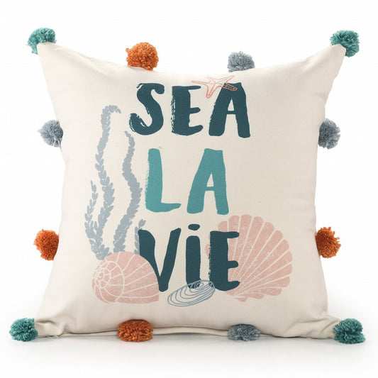 20" Natural Aqua And Gray Sea La Vie Seashells Throw Pillow with Pompoms