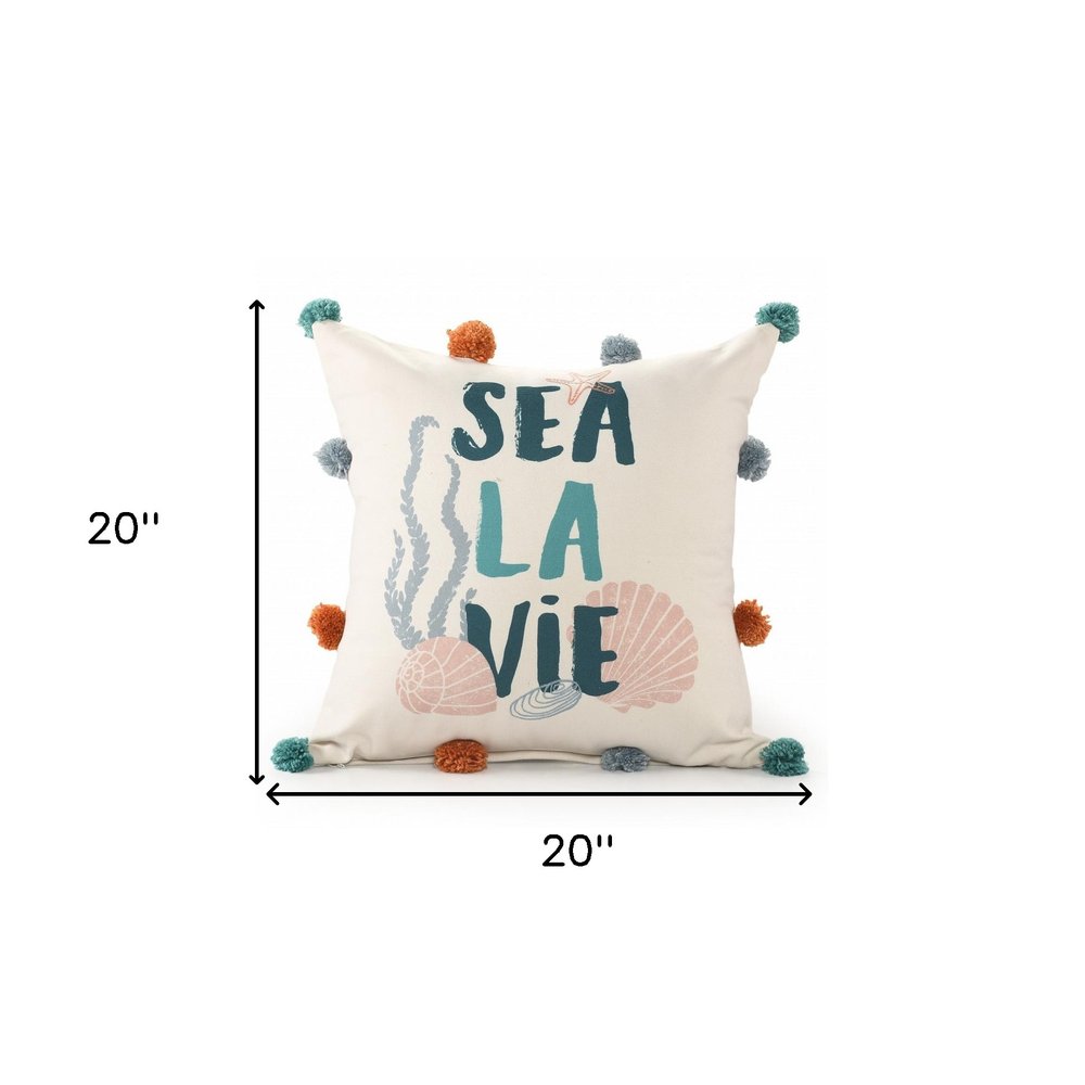20" Natural Aqua And Gray Sea La Vie Seashells Throw Pillow with Pompoms