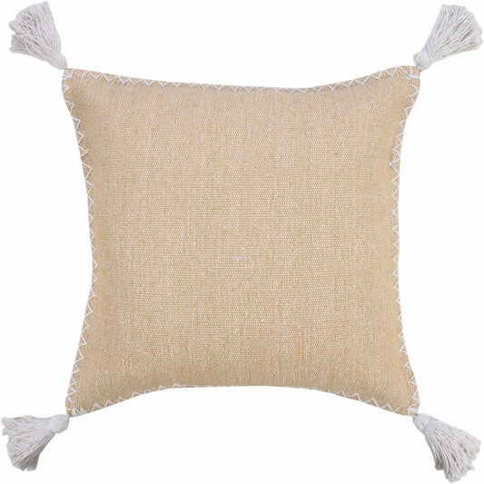 20" Brown and White Throw Pillow with Embroidery and Tassels