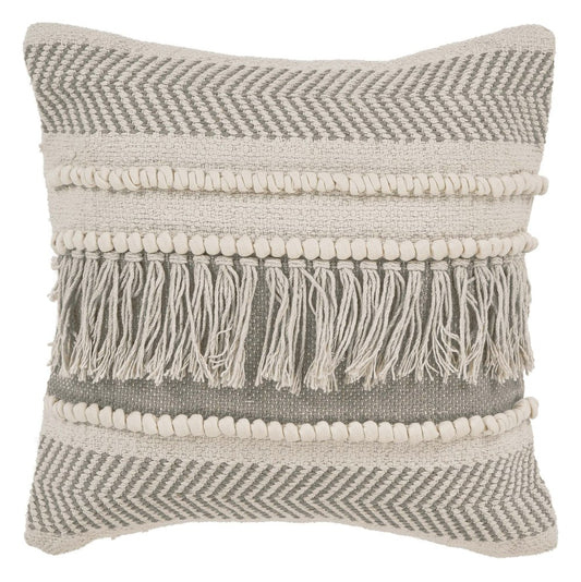 20" Beige and Ivory Throw Pillow with Fringe