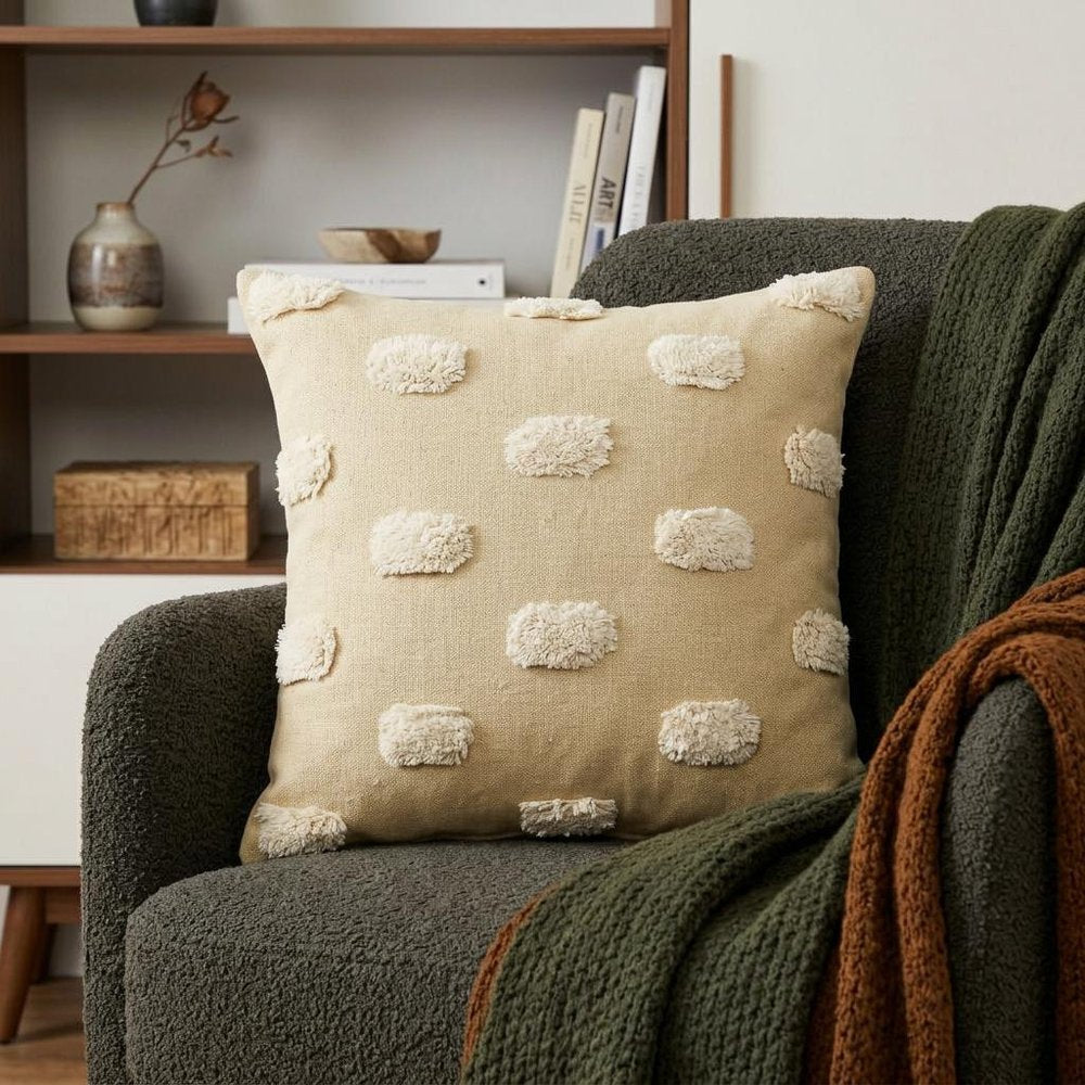 20" Natural and Ivory Polka Dot Cotton Throw Pillow With Pompoms and Texture