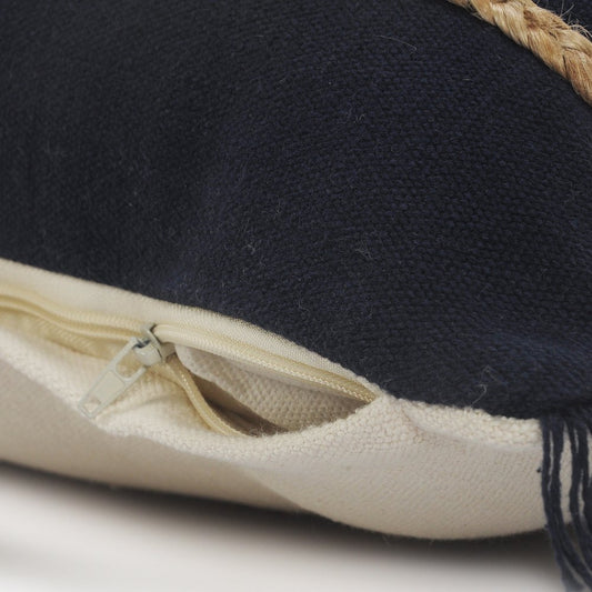 14" X 36" Navy Blue And Tan Cotton Striped Throw Pillow with Fringe