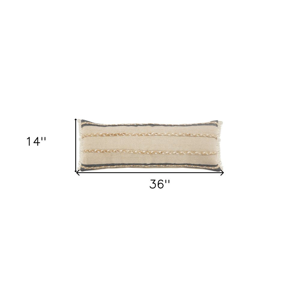 24" Black And Tan Striped Cotton And Jute Throw Pillow With Fringe