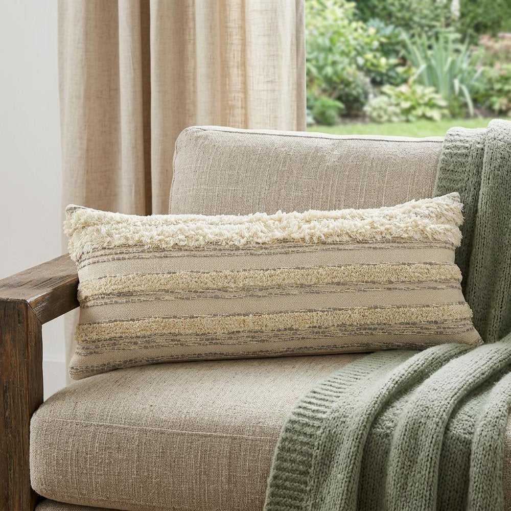 20" Cream Gray And Tan Cotton Striped Throw Pillow
