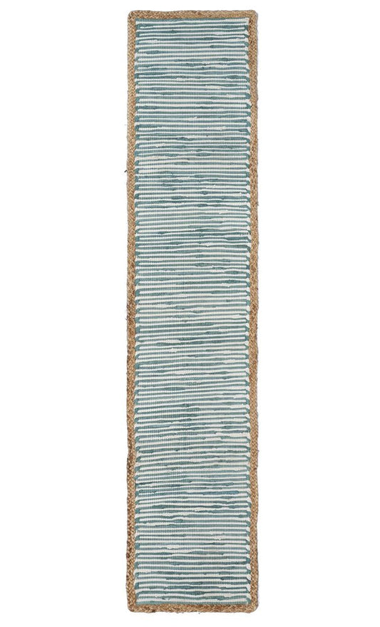 80" Aqua Off White And Natural Striped Cotton And Jute Table Runner