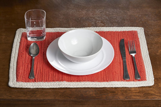 19" Set of Four Orange And Natural Solid With Border Cotton Placemats