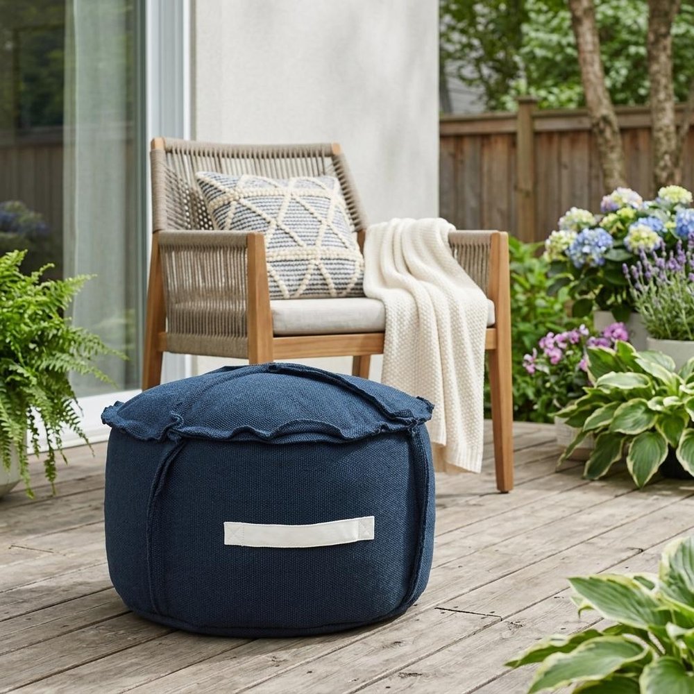 20" Blue Polyester Round Patchwork Indoor Outdoor Pouf Ottoman