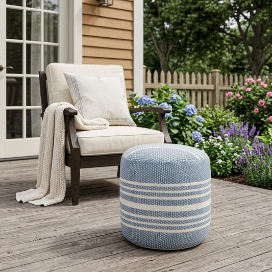 20" Blue Polyester Round Striped Indoor Outdoor Pouf Ottoman