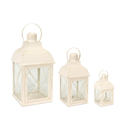Set of Three Ivory Distressed Geometric Glass And Metal Floor Lantern Candle Holders