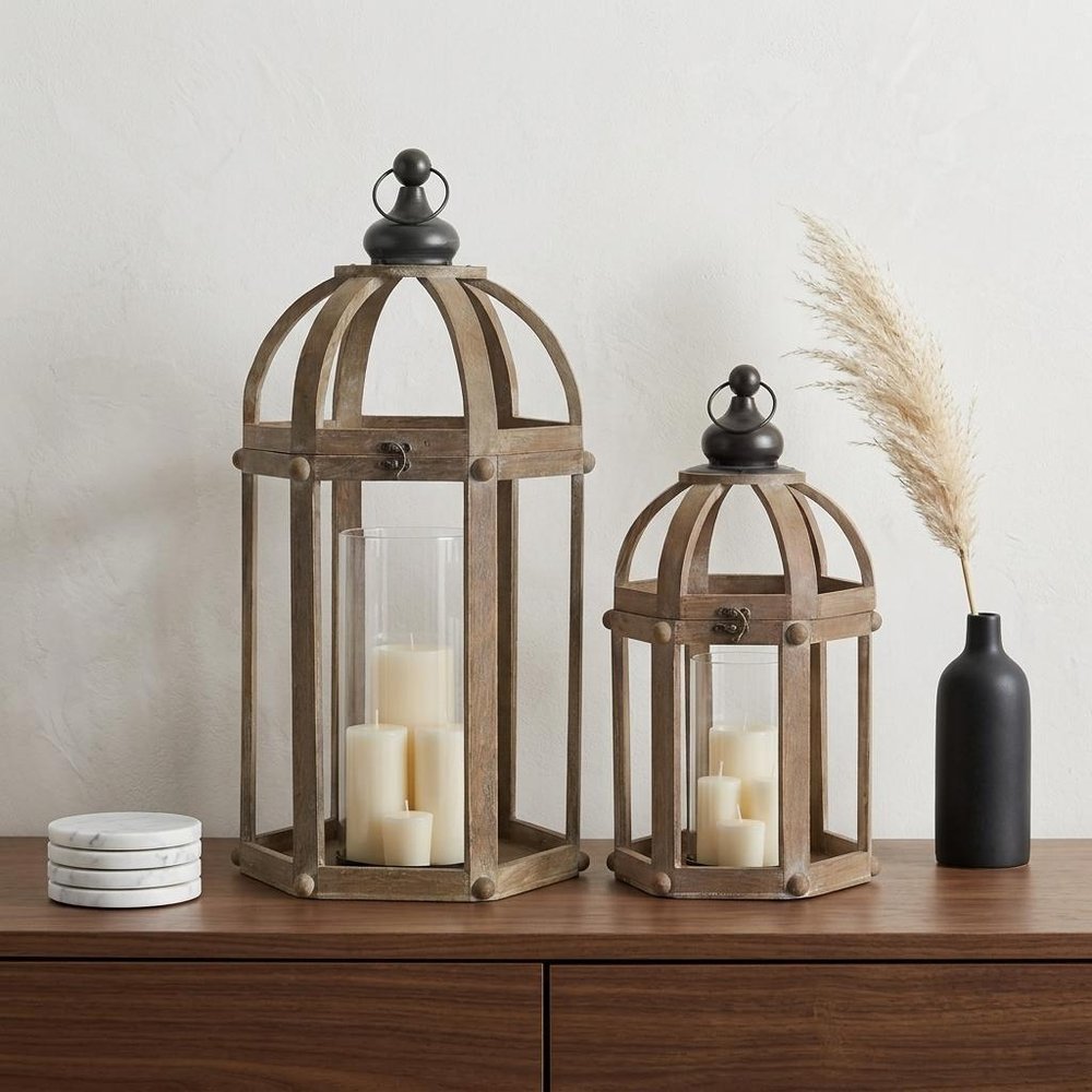 Set of Two Brown Distressed Wood And Glass Floor Lantern Candle Holders
