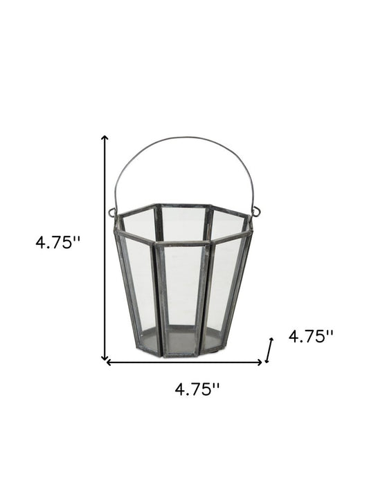 Set of Four Gray Distressed Geometric Iron And Glass Tabletop Votive Candle Holders