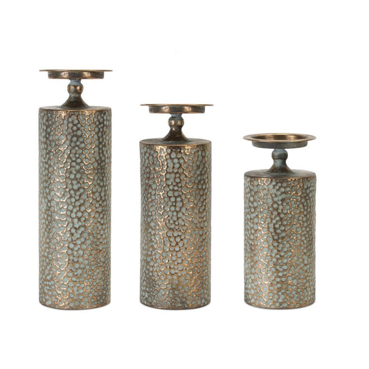 Set of Three Bronze Distressed Abstract Metal Tabletop Pillar Candle Holders