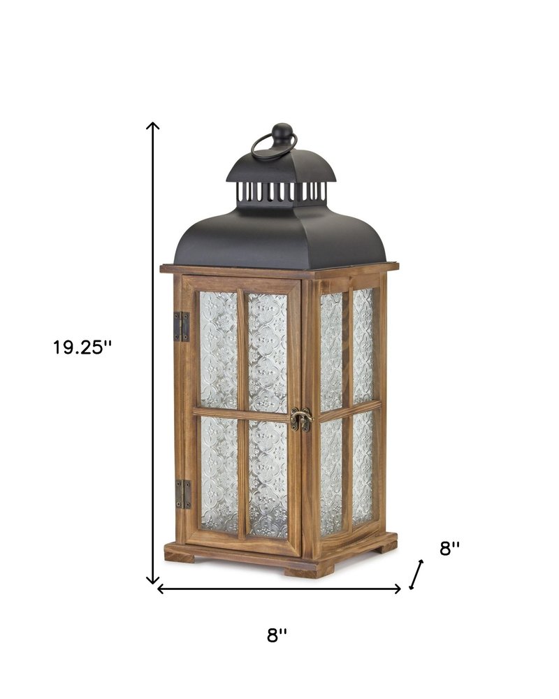 Set of Two Brown and Black Frosted Glass Wood and Metal Floor Lantern Candle Holders