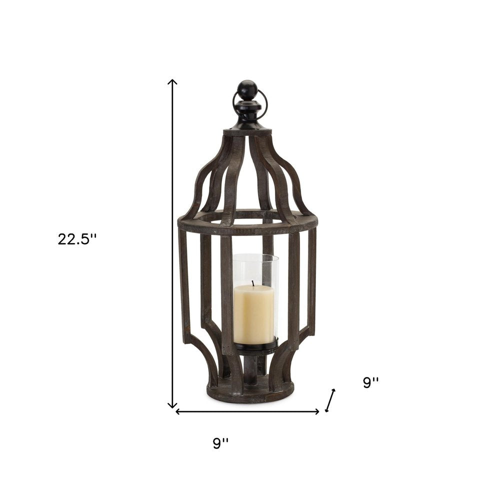 23" Black Geometric Wood And Glass Tabletop Lantern Candle Holder
